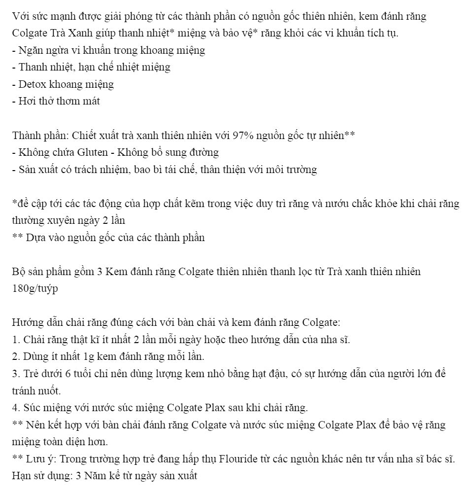 Colgate Toothpaste Green Tea - Kem Đánh Răng Colgate Trà Xanh - 180g x 3 pack