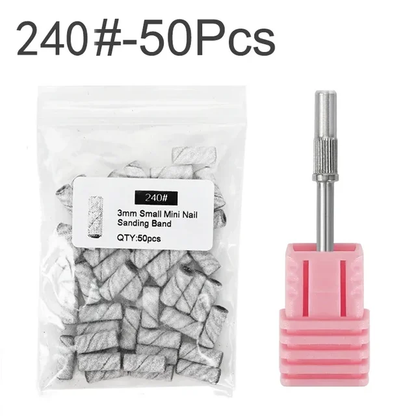 Nail Drill Bits Small Sanding Bands with Small Mandrel Bit, 50 Pcs 3mm Nail File Sanding Bands, Professional Sander Bit for Acrylic Nails Gel Manicures and Pedicure