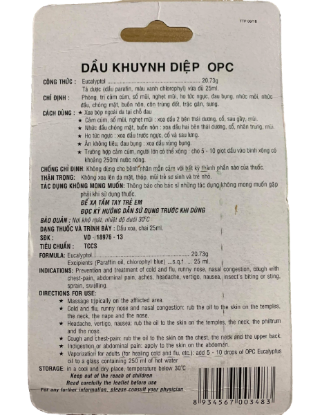 Dau Khuynh Diep - OPC Eucalyptus Oil - Cold Flu - Runny Nose - Aches - Headache - Nausea