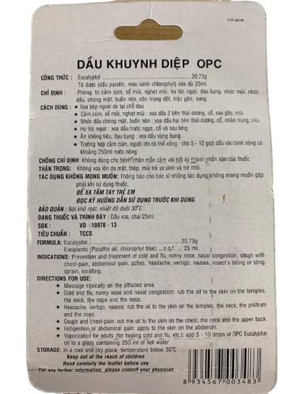 Dau Khuynh Diep - OPC Eucalyptus Oil - Cold Flu - Runny Nose - Aches - Headache - Nausea